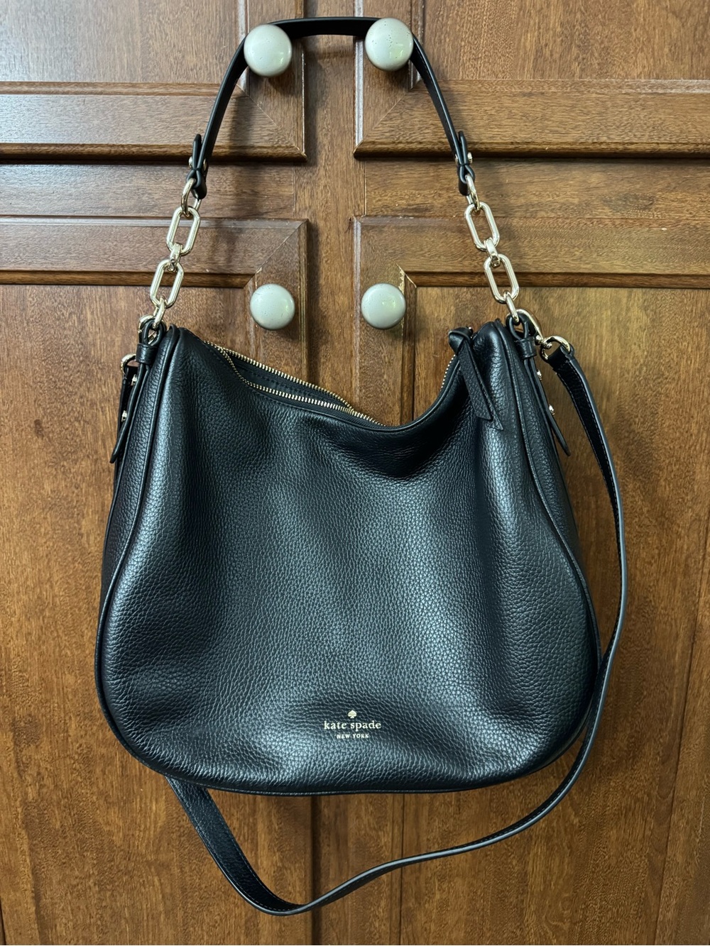 kate spade Black Pebbled Leather Shoulder Hobo with Gold Chain Accents